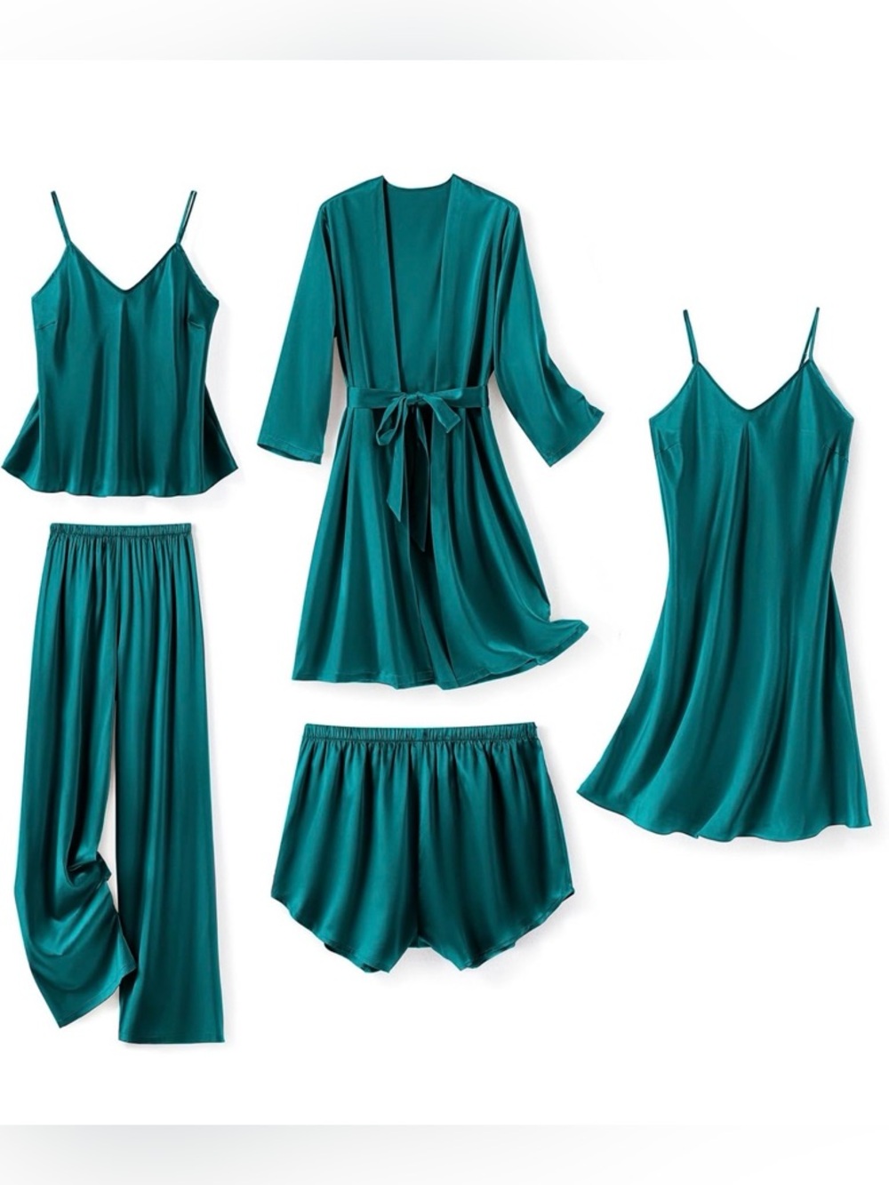Women's Teal 5-Piece Satin Sleepwear Set - Robe, Slip, Cami, Pants & Shorts